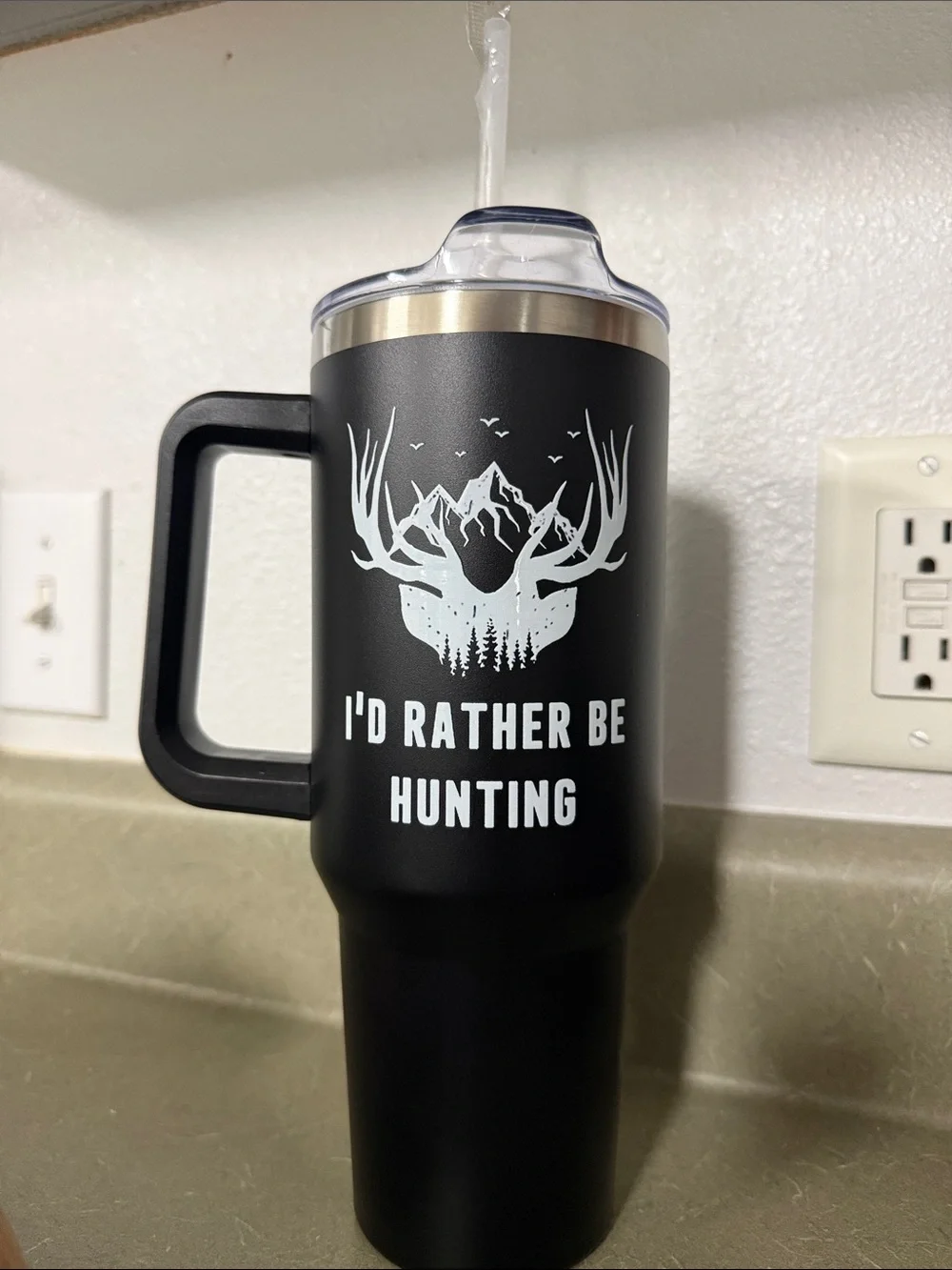 Brand new Black Insulated Travel Mug with Deer Flag Design
